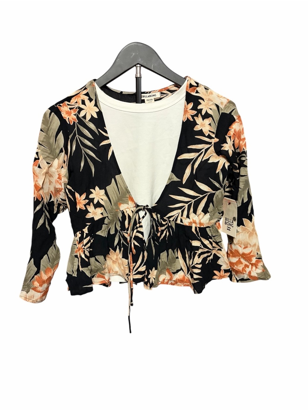 NWT Billabong Black Floral Tie & Button Front Peplum Cover-Up Size Small